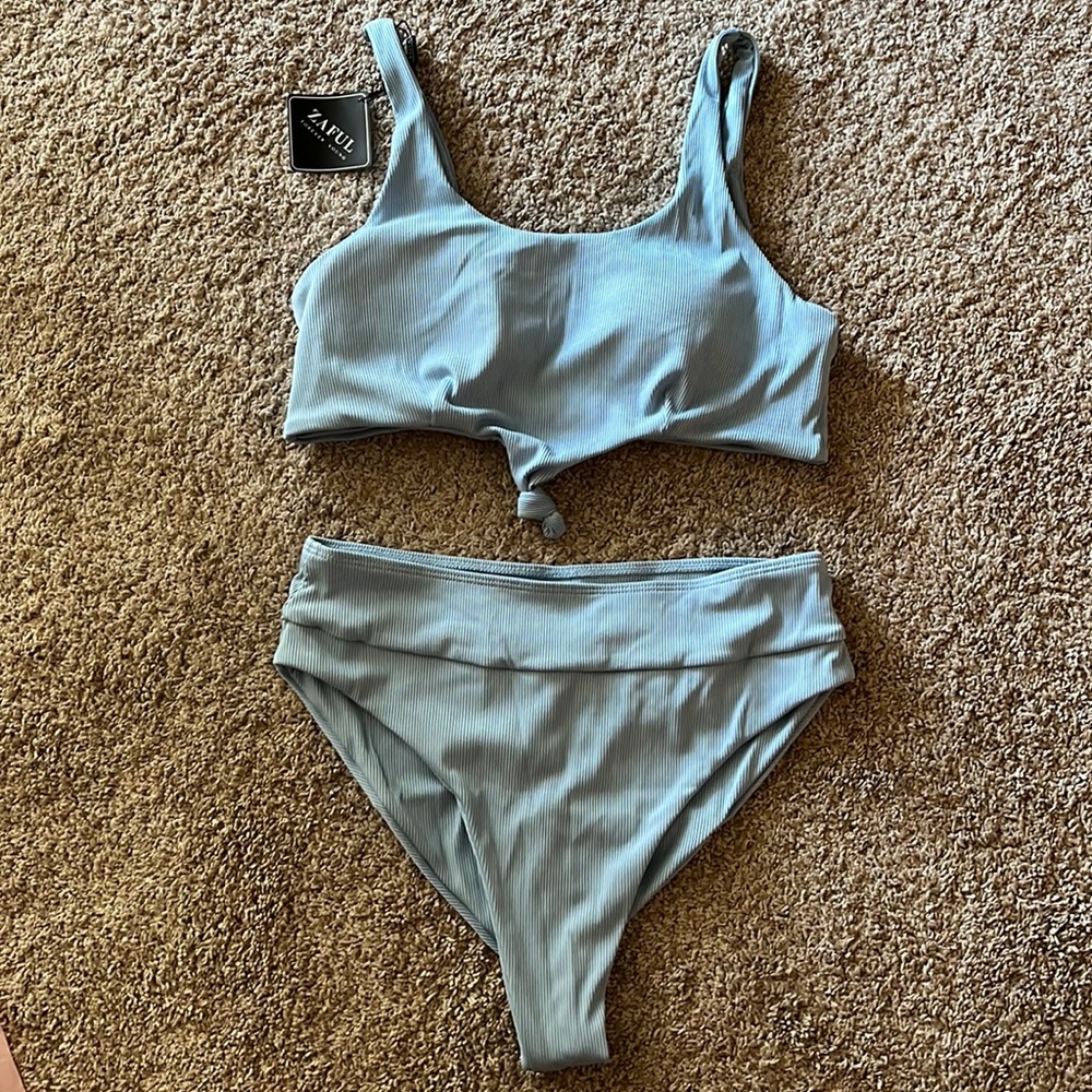 Zaful Ribbed High Waist Bikini with Knot Top